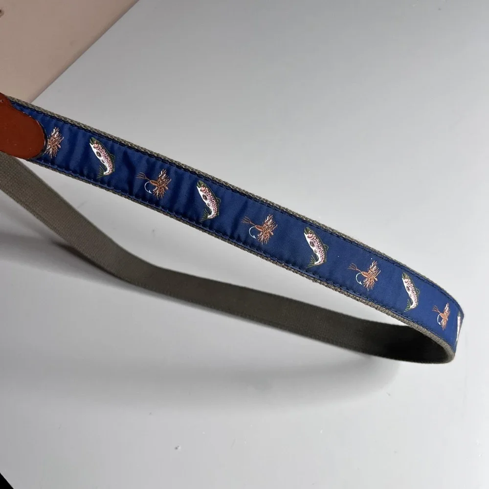 Leather Man Ltd Leather Belt Mens 34 Blue Fish Embroidered Webbed Brass Buckle